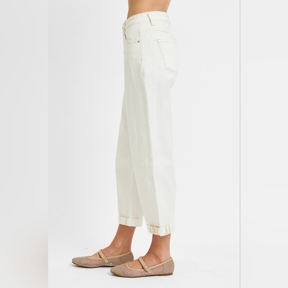 Risen High Rise Barrel Jeans Stretch Cuffed Relaxed Neutral Cream Various NEW - Picture 7 of 12
